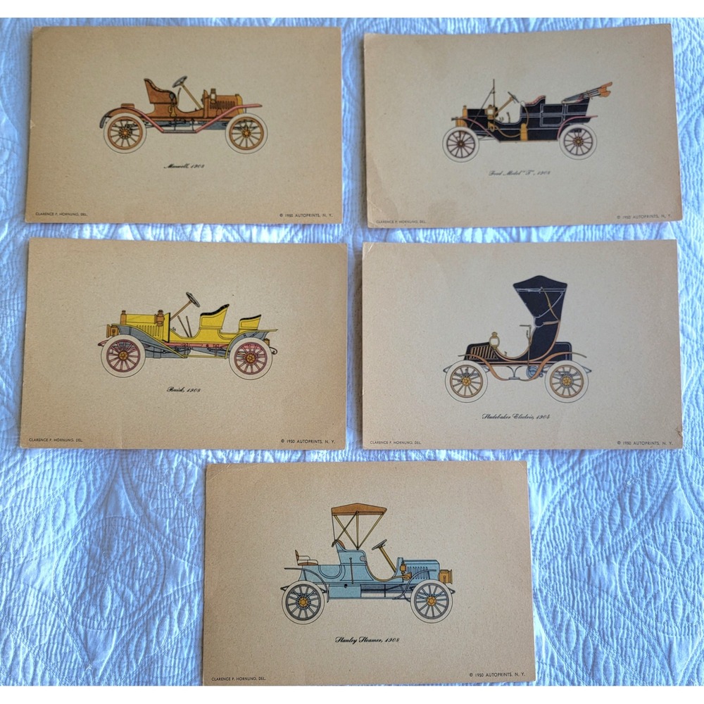 5 Vintage 1950 Clarence Hornung Autoprints Antique Car Lithographs S 8.5x5.5 - Picture 1 of 8